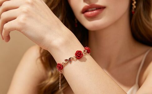 Alegend 14K Gold Plated Vintage Red Rose Charm Bracelet for Women - Flower Link Bracelet with Crystal Accents, Romantic Fine Jewelry for Gift in Saudi Arabia