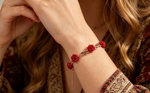 Alegend 14K Gold Plated Vintage Red Rose Charm Bracelet for Women - Flower Link Bracelet with Crystal Accents, Romantic Fine Jewelry for Gift in Saudi Arabia