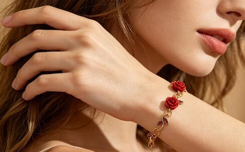 Alegend 14K Gold Plated Vintage Red Rose Charm Bracelet for Women - Flower Link Bracelet with Crystal Accents, Romantic Fine Jewelry for Gift in Saudi Arabia