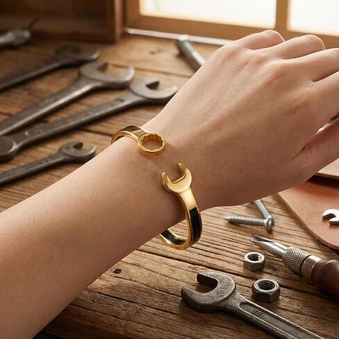 18K Gold-Plated Stainless Steel Unisex Biker Mechanic Wrench Tool Open Biker Bangle Bracelet Fashion Jewelry Gift for Women Men in Kuwait