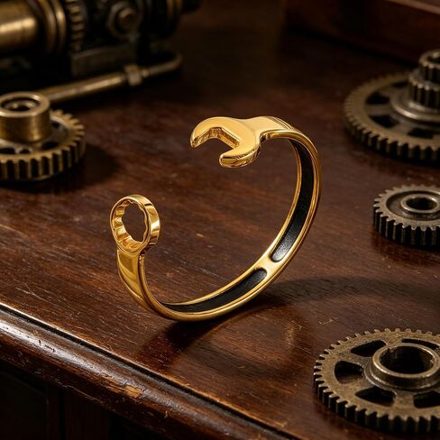 18K Gold-Plated Stainless Steel Unisex Biker Mechanic Wrench Tool Open Biker Bangle Bracelet Fashion Jewelry Gift for Women Men in Kuwait