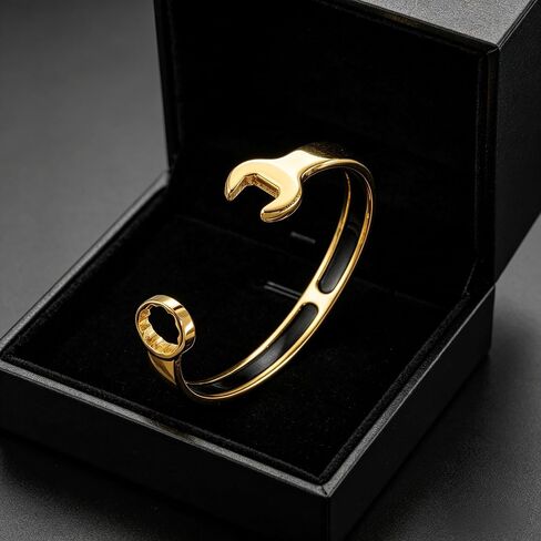 18K Gold-Plated Stainless Steel Unisex Biker Mechanic Wrench Tool Open Biker Bangle Bracelet Fashion Jewelry Gift for Women Men in Kuwait