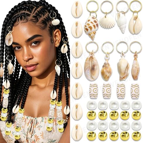 50PCS Shell Loc Jewelry Braids Charms Gold Hair Beads Round Pearl Dreadlock Bead Seashell Conch Braids Clips Cowrie Shells Hair Accessories for Women in Saudi Arabia