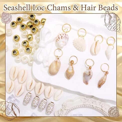 50PCS Shell Loc Jewelry Braids Charms Gold Hair Beads Round Pearl Dreadlock Bead Seashell Conch Braids Clips Cowrie Shells Hair Accessories for Women in Saudi Arabia