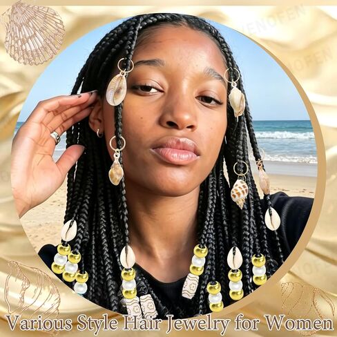 50PCS Shell Loc Jewelry Braids Charms Gold Hair Beads Round Pearl Dreadlock Bead Seashell Conch Braids Clips Cowrie Shells Hair Accessories for Women in Saudi Arabia
