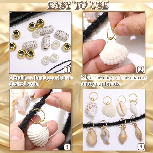 50PCS Shell Loc Jewelry Braids Charms Gold Hair Beads Round Pearl Dreadlock Bead Seashell Conch Braids Clips Cowrie Shells Hair Accessories for Women in Saudi Arabia