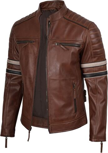 fjackets Cafe Racer Leather Jacket Men Real Lambskin - Leather Jacket Men Moto Style, Zip Up in Saudi Arabia