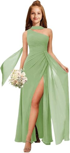MRHUSH Junior Bridesmaid Dresses One Shoulder Chiffon Flower Girl Dress for Teens Ruched Slit Girls Formal Dress with Ribbon in Saudi Arabia