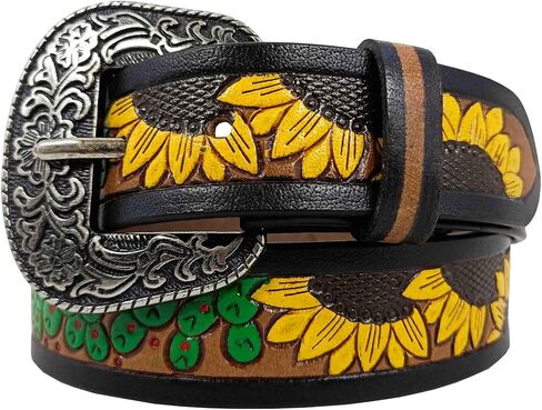 Paul Walter Western Tooled Leather Belt – Handcrafted Floral Sunflower Design for Men & Women in Saudi Arabia