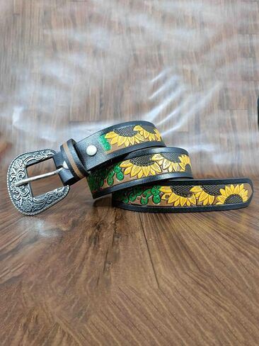 Paul Walter Western Tooled Leather Belt – Handcrafted Floral Sunflower Design for Men & Women in Saudi Arabia