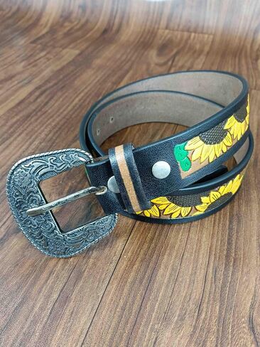Paul Walter Western Tooled Leather Belt – Handcrafted Floral Sunflower Design for Men & Women in Saudi Arabia
