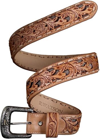 R. Watson Men's Suede Underlay Natural Embossed Belt in Saudi Arabia
