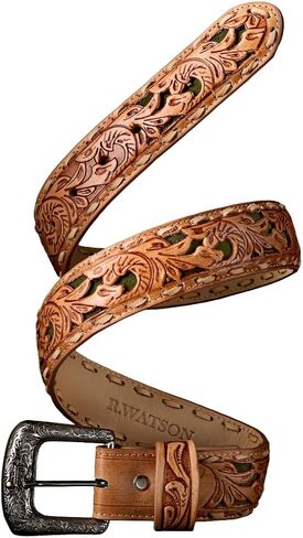 R. Watson Men's Suede Underlay Natural Embossed Belt in Saudi Arabia