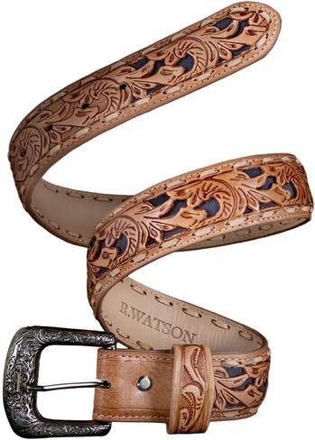 R. Watson Men's Suede Underlay Natural Embossed Belt in Saudi Arabia