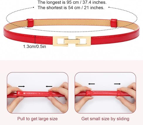Red Belt for Women, Thin PU Leather Adjustable Waist Belt with Gold Buckle for Dresses Jeans, 0.5in Width Fits Waist 21"-37.4" in Saudi Arabia
