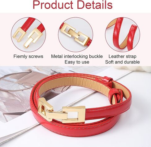 Red Belt for Women, Thin PU Leather Adjustable Waist Belt with Gold Buckle for Dresses Jeans, 0.5in Width Fits Waist 21"-37.4" in Saudi Arabia