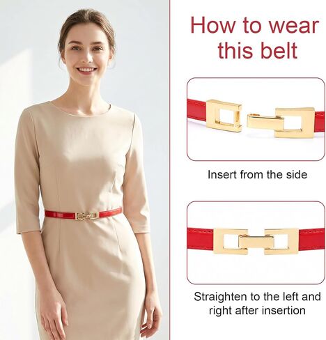 Red Belt for Women, Thin PU Leather Adjustable Waist Belt with Gold Buckle for Dresses Jeans, 0.5in Width Fits Waist 21"-37.4" in Saudi Arabia