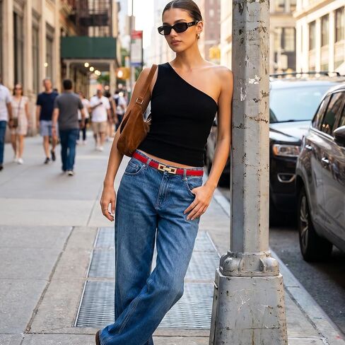 Red Belt for Women, Thin PU Leather Adjustable Waist Belt with Gold Buckle for Dresses Jeans, 0.5in Width Fits Waist 21"-37.4" in Saudi Arabia