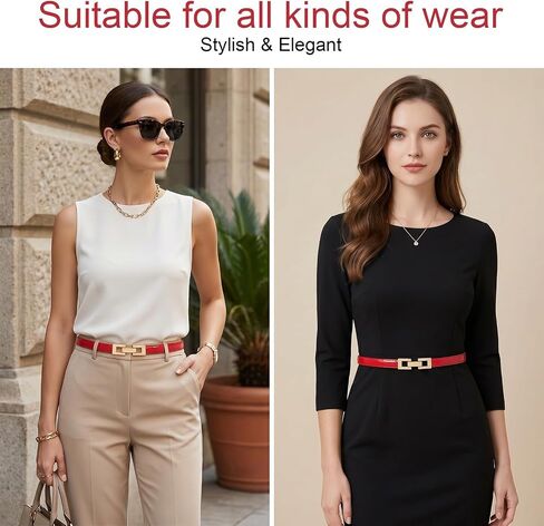 Red Belt for Women, Thin PU Leather Adjustable Waist Belt with Gold Buckle for Dresses Jeans, 0.5in Width Fits Waist 21"-37.4" in Saudi Arabia