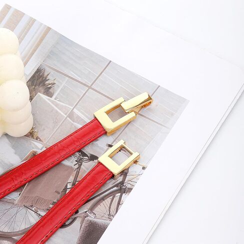 Red Belt for Women, Thin PU Leather Adjustable Waist Belt with Gold Buckle for Dresses Jeans, 0.5in Width Fits Waist 21"-37.4" in Saudi Arabia