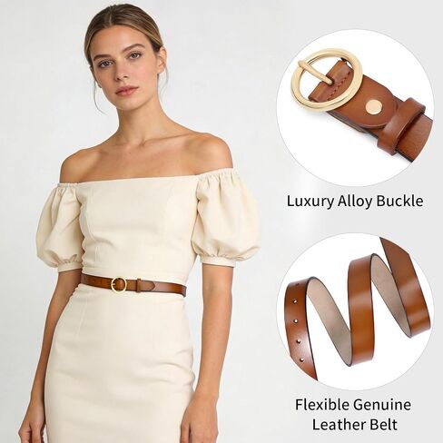 Women Genuine Leather Belt for Pants Jeans Dress Fashion Ladies Waist Belt with Circle Gold Buckle in Saudi Arabia