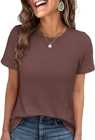 ANRABESS Women's Summer Waffle Knit Tops | Soft Comfy Breathable Shirts, Crew Neck Short Sleeve, Casual Trendy Basic Tee, 2026 Summer Outfits in Kuwait
