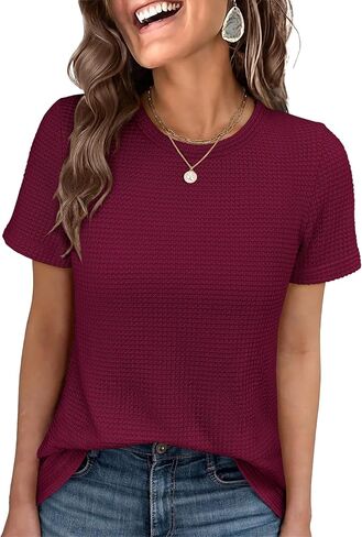 ANRABESS Women's Summer Waffle Knit Tops | Soft Comfy Breathable Shirts, Crew Neck Short Sleeve, Casual Trendy Basic Tee, 2026 Summer Outfits in Kuwait
