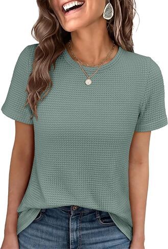 ANRABESS Women's Summer Waffle Knit Tops | Soft Comfy Breathable Shirts, Crew Neck Short Sleeve, Casual Trendy Basic Tee, 2026 Summer Outfits in Kuwait