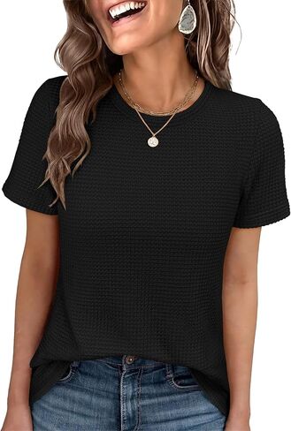 ANRABESS Women's Summer Waffle Knit Tops | Soft Comfy Breathable Shirts, Crew Neck Short Sleeve, Casual Trendy Basic Tee, 2026 Summer Outfits in Kuwait