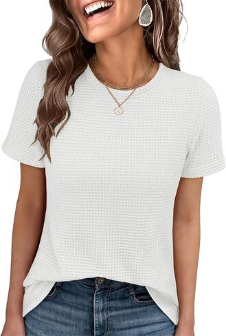 ANRABESS Women's Summer Waffle Knit Tops | Soft Comfy Breathable Shirts, Crew Neck Short Sleeve, Casual Trendy Basic Tee, 2026 Summer Outfits in Kuwait