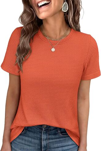 ANRABESS Women's Summer Waffle Knit Tops | Soft Comfy Breathable Shirts, Crew Neck Short Sleeve, Casual Trendy Basic Tee, 2026 Summer Outfits in Kuwait