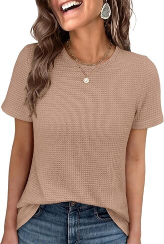 ANRABESS Women's Summer Waffle Knit Tops | Soft Comfy Breathable Shirts, Crew Neck Short Sleeve, Casual Trendy Basic Tee, 2026 Summer Outfits in Kuwait