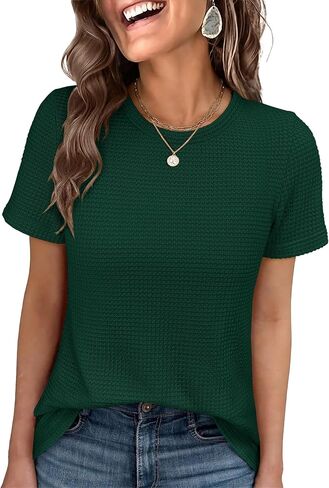 ANRABESS Women's Summer Waffle Knit Tops | Soft Comfy Breathable Shirts, Crew Neck Short Sleeve, Casual Trendy Basic Tee, 2026 Summer Outfits in Kuwait