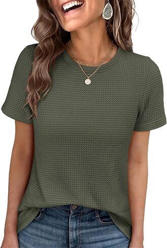 ANRABESS Women's Summer Waffle Knit Tops | Soft Comfy Breathable Shirts, Crew Neck Short Sleeve, Casual Trendy Basic Tee, 2026 Summer Outfits in Kuwait