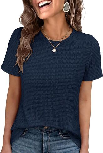 ANRABESS Women's Summer Waffle Knit Tops | Soft Comfy Breathable Shirts, Crew Neck Short Sleeve, Casual Trendy Basic Tee, 2026 Summer Outfits in Kuwait