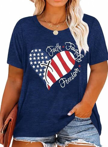 BLANCHES Plus Size American Flag Shirts Women Sequin USA Shirt 4th of July Tshirt Loose Patriotic Stars Graphic Tees Tops in Saudi Arabia
