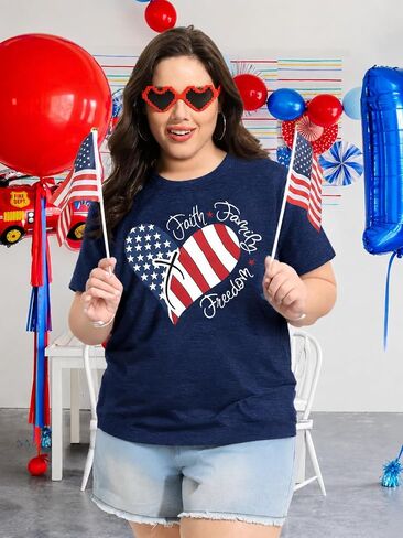 BLANCHES Plus Size American Flag Shirts Women Sequin USA Shirt 4th of July Tshirt Loose Patriotic Stars Graphic Tees Tops in Saudi Arabia