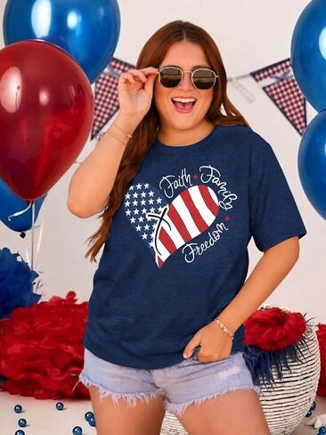 BLANCHES Plus Size American Flag Shirts Women Sequin USA Shirt 4th of July Tshirt Loose Patriotic Stars Graphic Tees Tops in Saudi Arabia