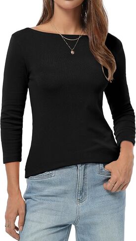 QUALFORT Women’s 3/4 Sleeve T-Shirts Slim Fit Breathable | Lightweight Slim Fit Casual Tops, Summer Early Autumn Layering Tee, Soft Stretchy Cotton Blend Shirt in Saudi Arabia