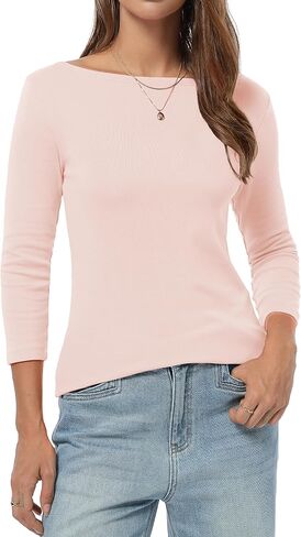 QUALFORT Women’s 3/4 Sleeve T-Shirts Slim Fit Breathable | Lightweight Slim Fit Casual Tops, Summer Early Autumn Layering Tee, Soft Stretchy Cotton Blend Shirt in Saudi Arabia