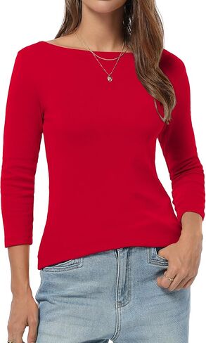 QUALFORT Women’s 3/4 Sleeve T-Shirts Slim Fit Breathable | Lightweight Slim Fit Casual Tops, Summer Early Autumn Layering Tee, Soft Stretchy Cotton Blend Shirt in Saudi Arabia