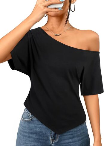 LilyCoco Off The Shoulder Tops for Women Asymmetrical Short Sleeve Going Out T Shirts in Saudi Arabia