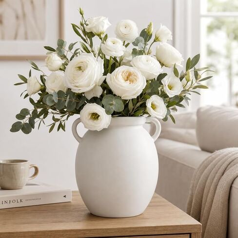 hjn Matte White Ceramic Vase, Nordic Farmhouse Jug Vase for Dried Pampas Grass & Fresh Flowers, Minimalist Boho Home Decor for Living Room Mantel Shelf Entryway(Round Shape-8''dx9''h) in Saudi Arabia