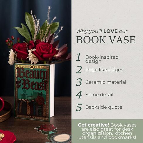 Steel Mill & Co Original Large Book-Shaped Decorative Vase, Ceramic Vases for Home Decor, Cute Bookshelf Decor, Unique Vase for Book Lovers, Beauty and the Beast in Kuwait