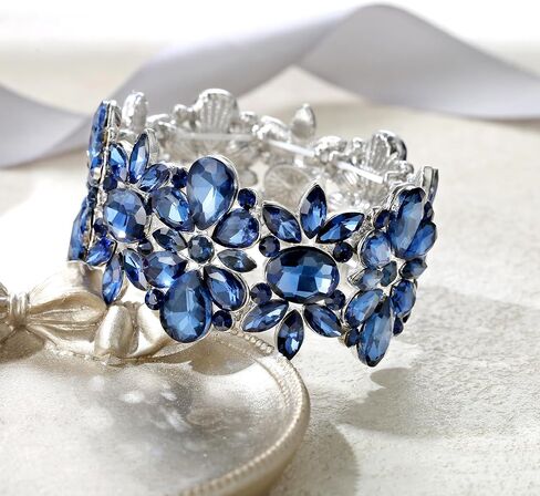 EVER FAITH Wedding Prom Bracelet for Women, Oval Cut Teardrop Rhinestones Crystal Cluster Floral Stretch Wide Bracelet Jewelry for Brides Bridesmaid in Kuwait