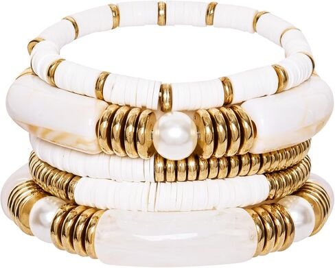 Gold Plated Beaded Bangles Set Chunky Bamboo Tube Curved Stacking Bracelets Clear Acrylic Colorful Beads Stretchable Jewelry for Women in Saudi Arabia