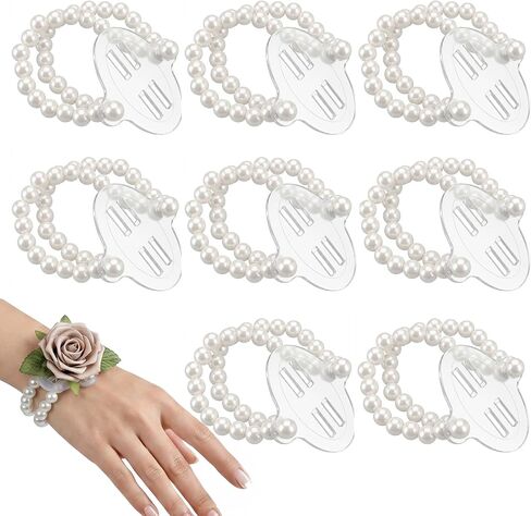 Skrfren 8 Pcs Corsage Wristlet Pearl Wrist Corsage Bands Wrist Corsages Bracelets Elastic Double-Strand Pearl Corsages Wristlet Band for Women Wedding Party Decorations DIY Handmade Flower Supplies in Kuwait