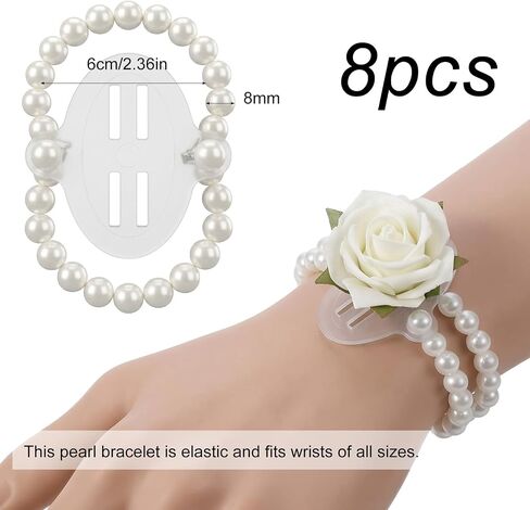 Skrfren 8 Pcs Corsage Wristlet Pearl Wrist Corsage Bands Wrist Corsages Bracelets Elastic Double-Strand Pearl Corsages Wristlet Band for Women Wedding Party Decorations DIY Handmade Flower Supplies in Kuwait