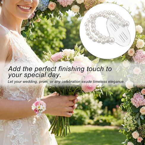 Skrfren 8 Pcs Corsage Wristlet Pearl Wrist Corsage Bands Wrist Corsages Bracelets Elastic Double-Strand Pearl Corsages Wristlet Band for Women Wedding Party Decorations DIY Handmade Flower Supplies in Kuwait