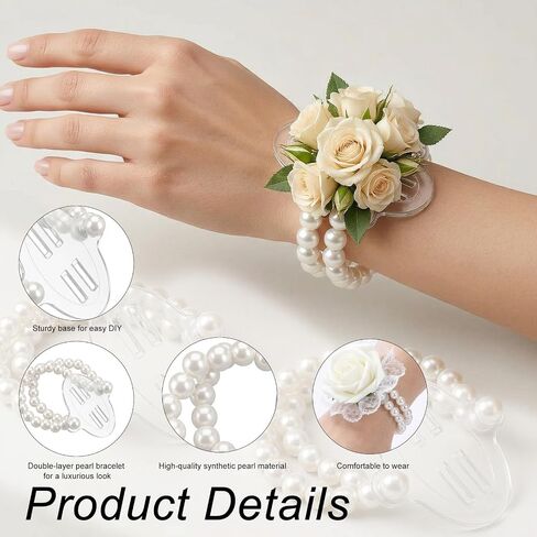 Skrfren 8 Pcs Corsage Wristlet Pearl Wrist Corsage Bands Wrist Corsages Bracelets Elastic Double-Strand Pearl Corsages Wristlet Band for Women Wedding Party Decorations DIY Handmade Flower Supplies in Kuwait